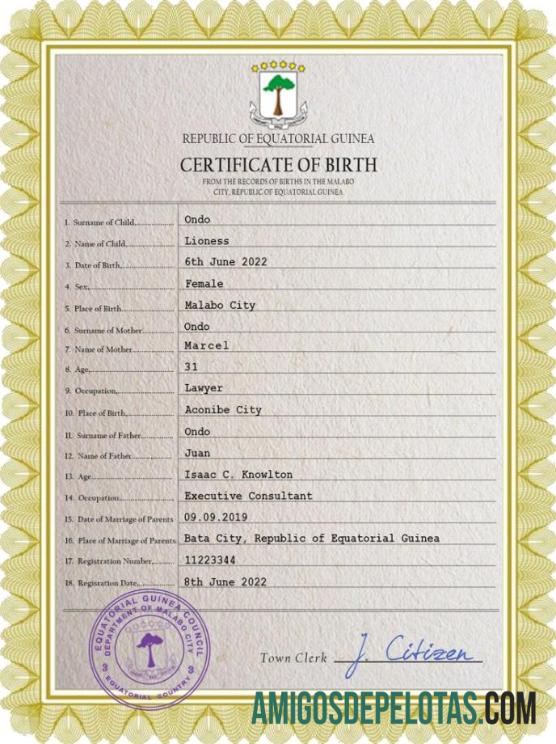 Em branco modelo PSD de certidão de nascimento da Guiné Equatorial